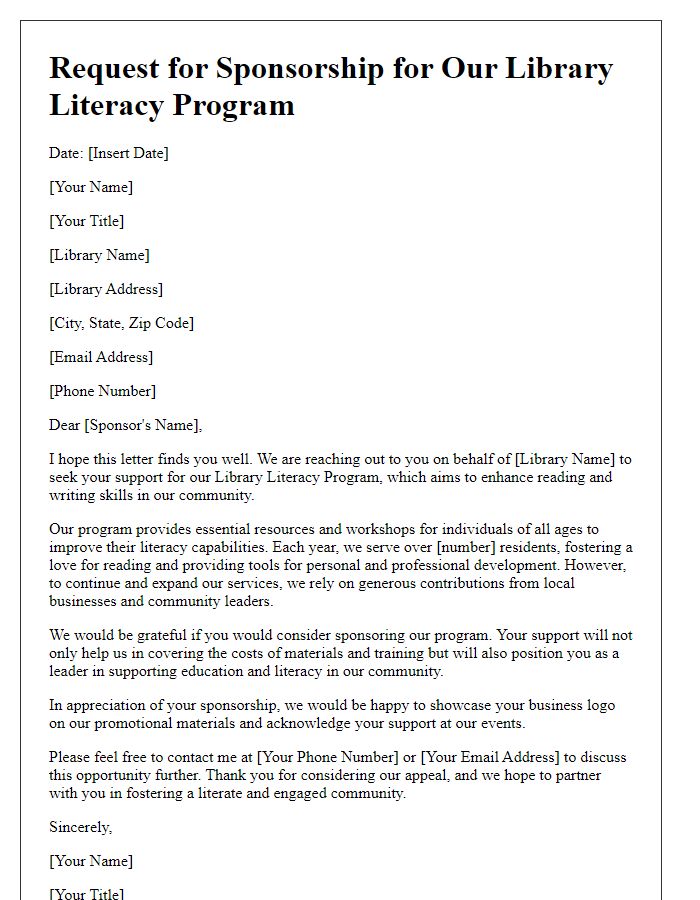 Letter template of library literacy program sponsorship appeal