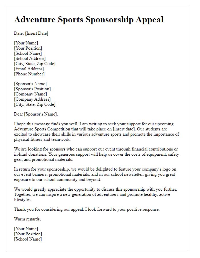 Letter template of adventure sports sponsorship appeal for school competition.