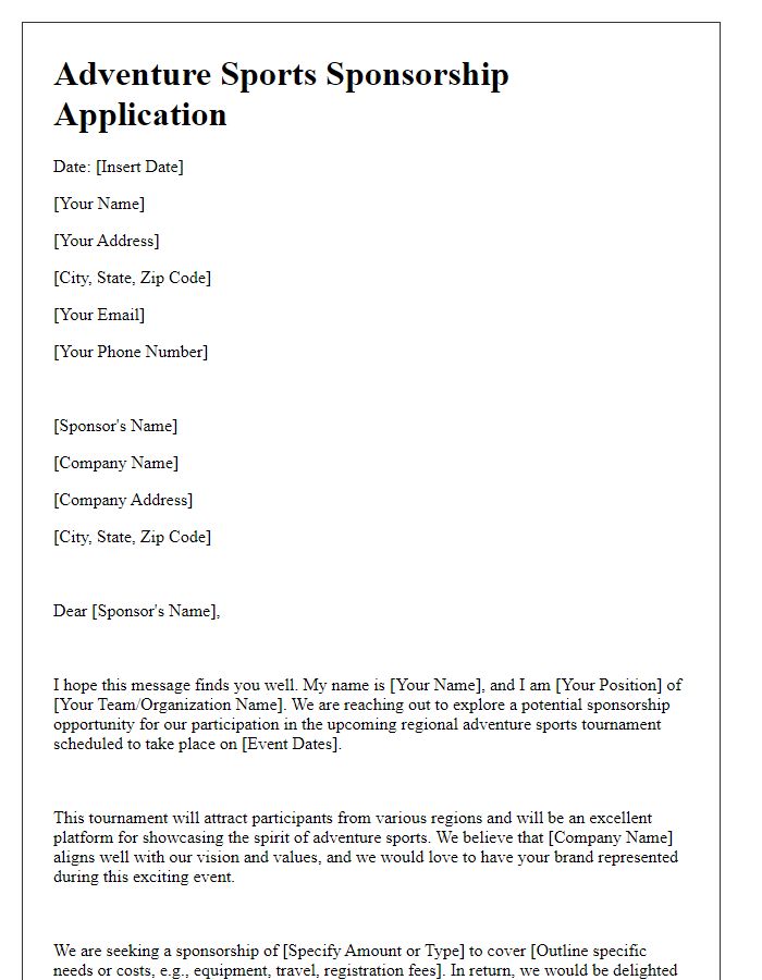 Letter template of adventure sports sponsorship application for regional tournaments.