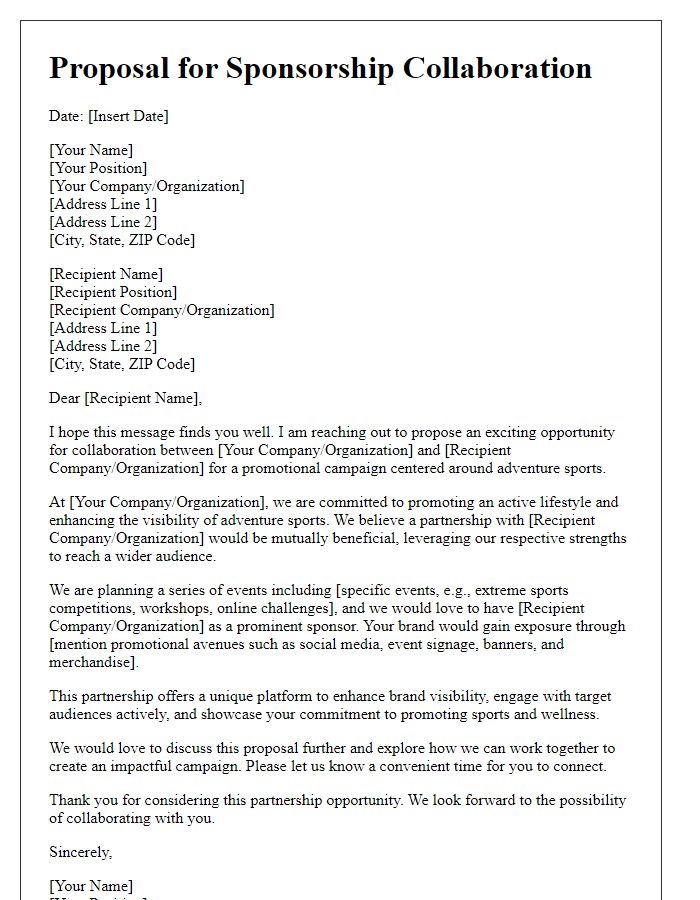 Letter template of adventure sports sponsorship collaboration for promotional campaign.