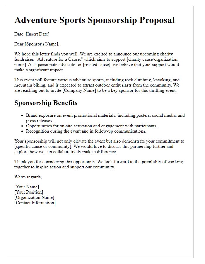 Letter template of adventure sports sponsorship engagement for charity fundraiser.