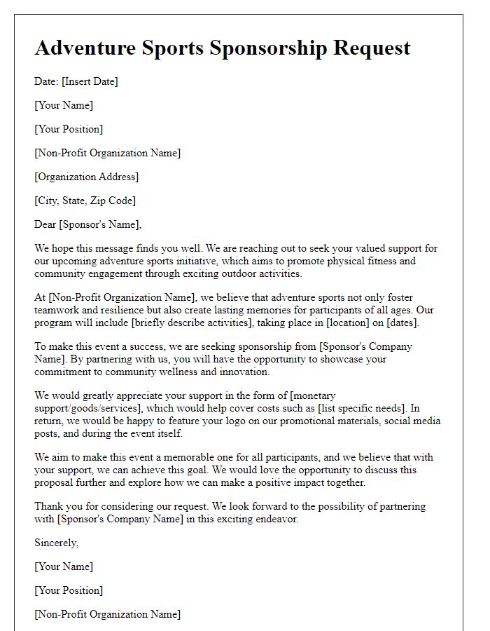 Letter template of adventure sports sponsorship support for non-profit organization.