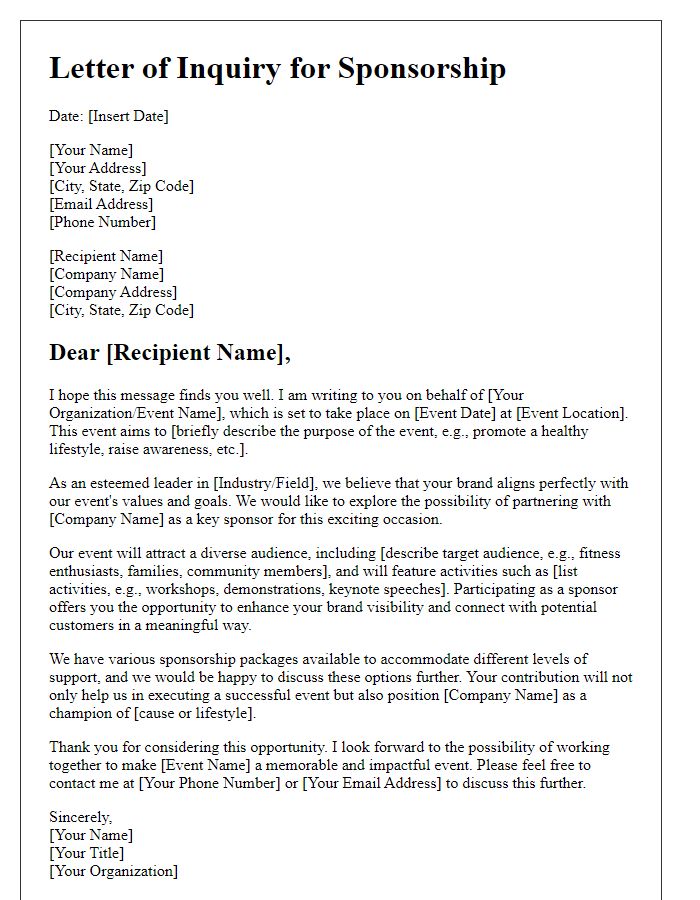 Letter template of lifestyle event sponsorship inquiry