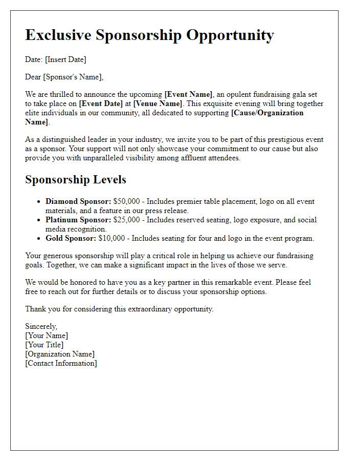 Letter template of elite sponsorship opportunity for opulent fundraising event.