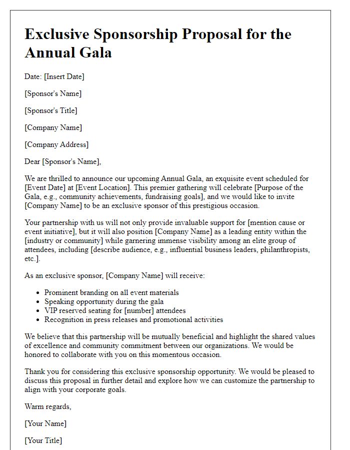 Letter template of exclusive sponsorship proposal for high-end gala.