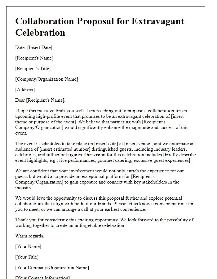 Letter template of high-profile event collaboration proposal for extravagant celebration.