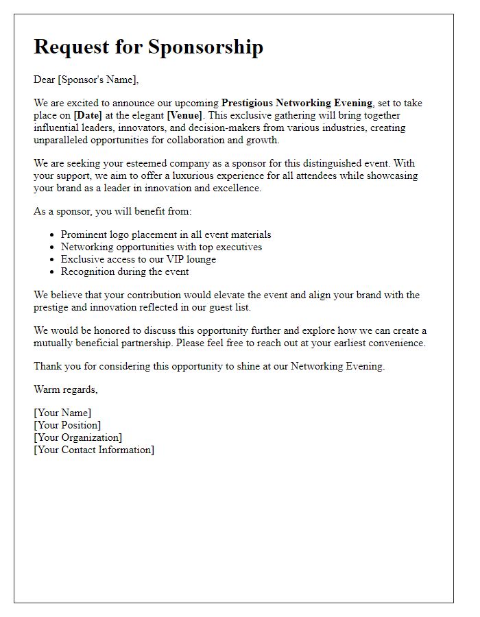 Letter template of luxurious sponsorship request for prestigious networking evening.