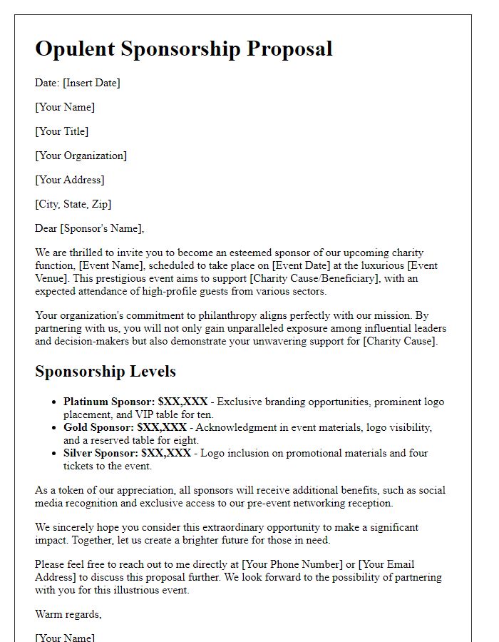 Letter template of opulent sponsorship proposal for upscale charity function.