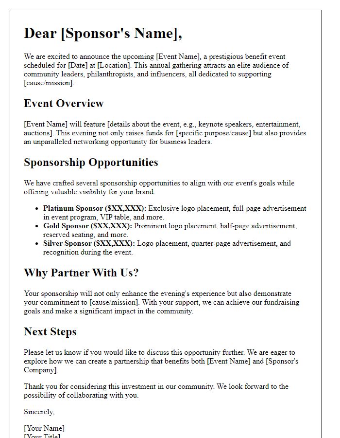 Letter template of sophisticated sponsorship outline for upscale benefit event.