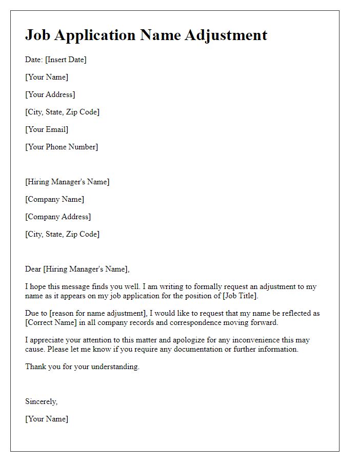 Letter template of job application name adjustment.