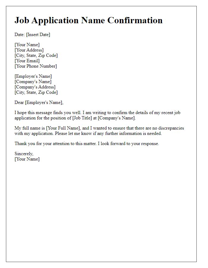 Letter template of job application name confirmation.