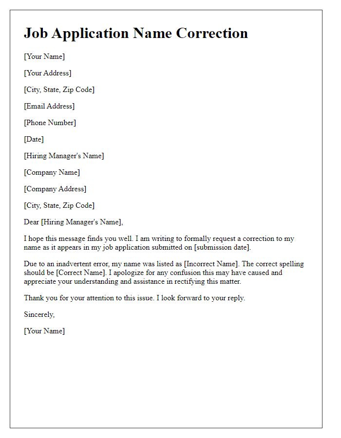 Letter template of job application name correction.