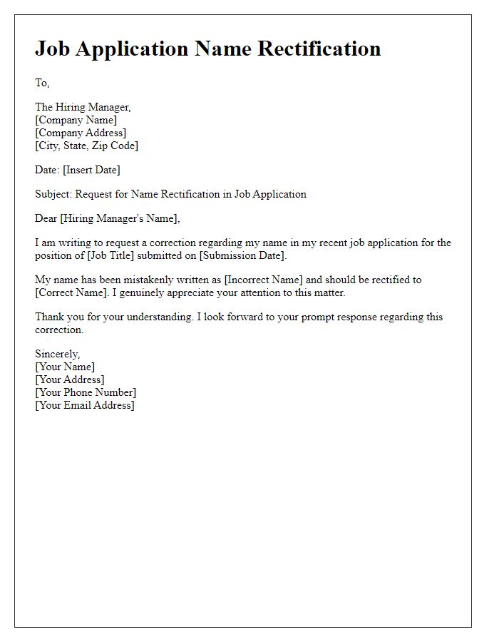 Letter template of job application name rectification.