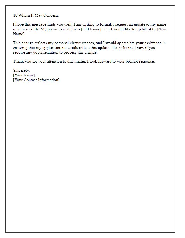 Letter template of job application name update.
