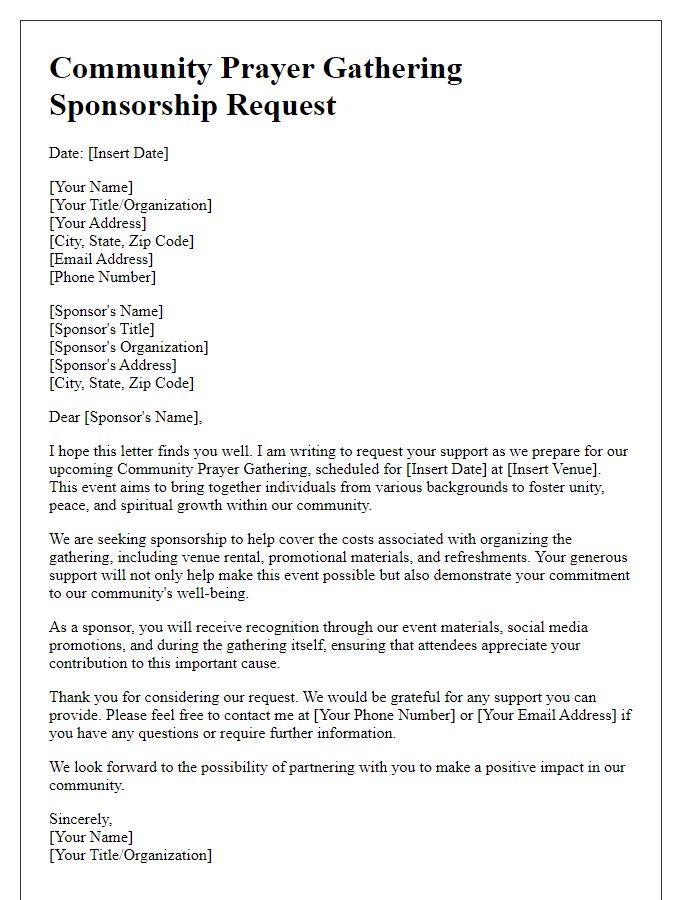 Letter template of community prayer gathering sponsorship request