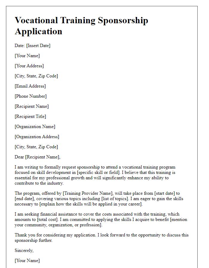 Letter template of vocational training sponsorship application for skill development programs.