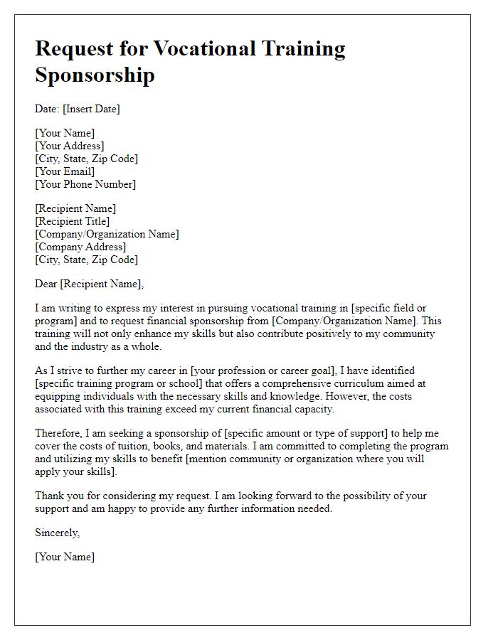 Letter template of vocational training sponsorship request for individual applicants.