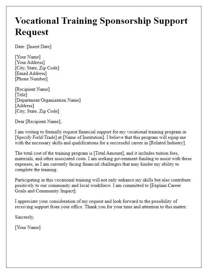 Letter template of vocational training sponsorship support request for government funding.