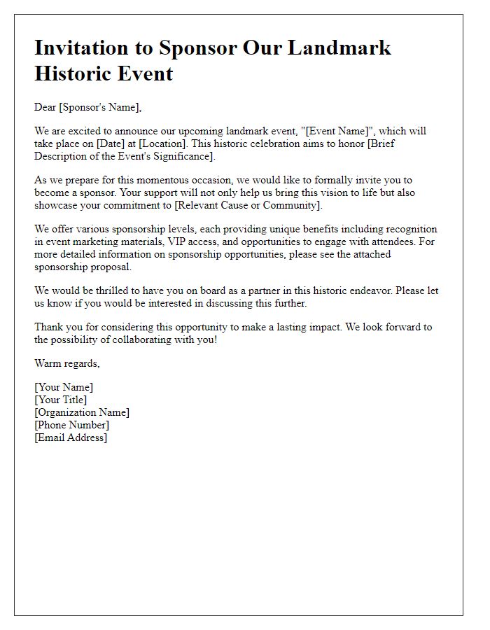 Letter template of Invitation to Sponsor a Landmark Historic Event