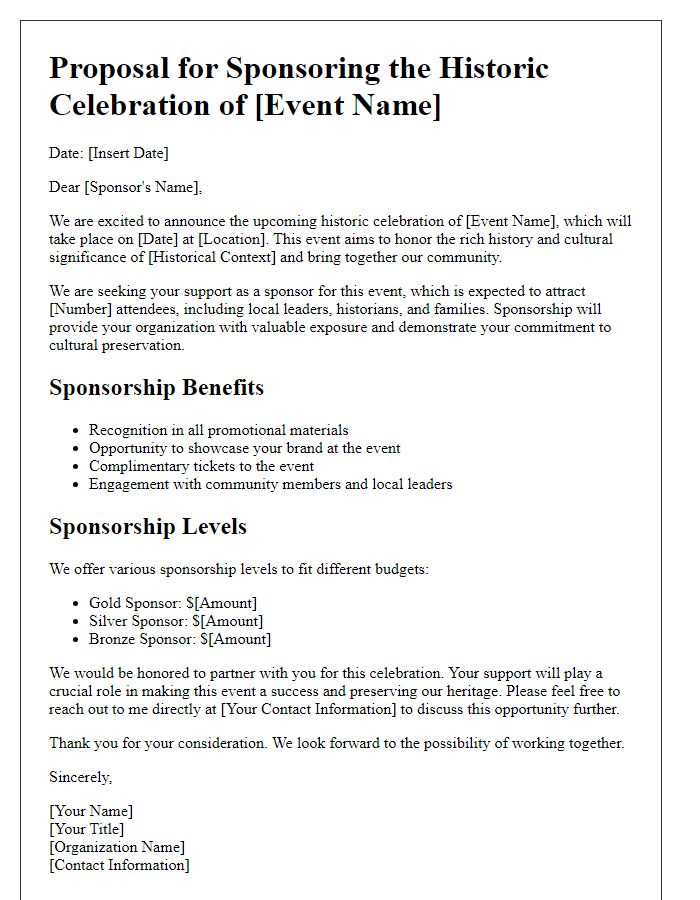 Letter template of Proposal for Sponsoring a Historic Celebration