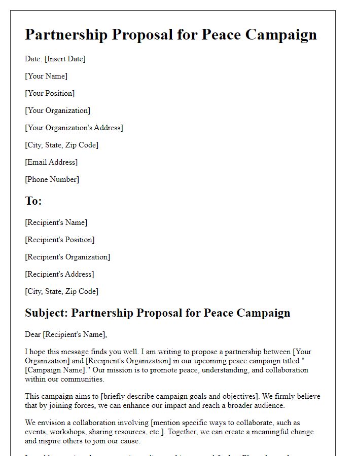 Letter template of partnership proposal for peace campaign