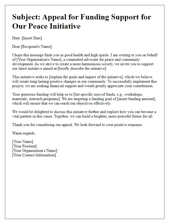 Letter template of peace initiative funding appeal