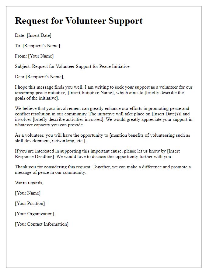 Letter template of volunteer support request for peace initiative