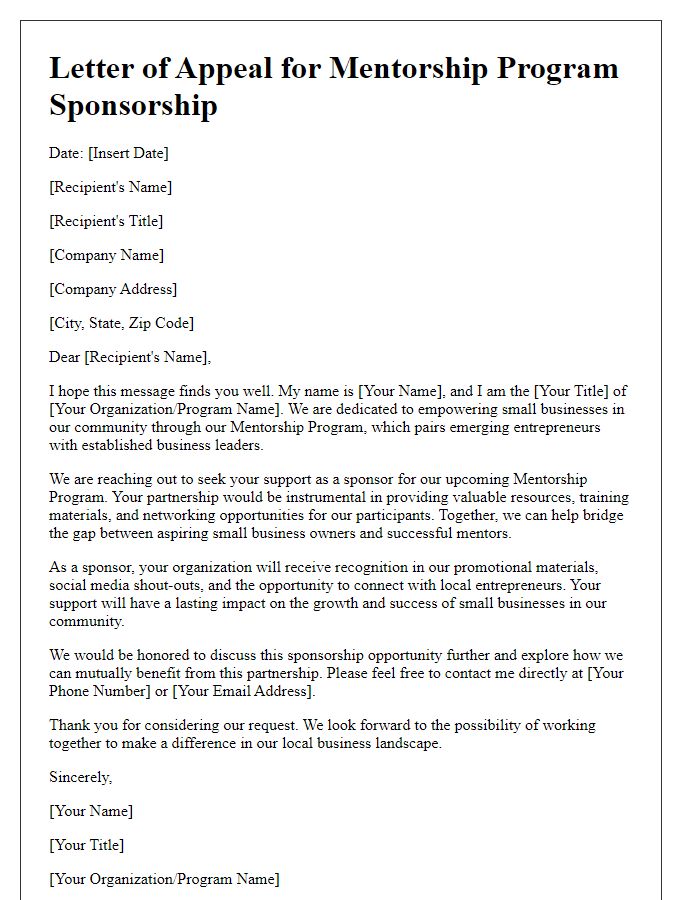 Letter template of mentorship program sponsorship appeal for small businesses.