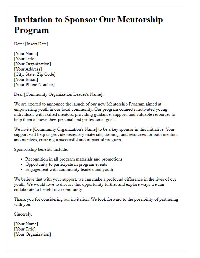 Letter template of mentorship program sponsorship invitation for local community organizations.