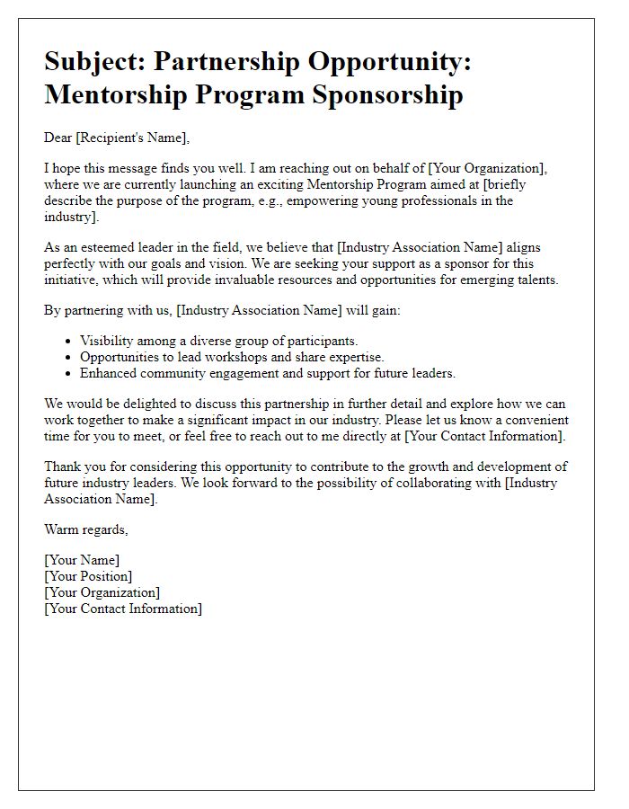 Letter template of mentorship program sponsorship outreach for industry associations.