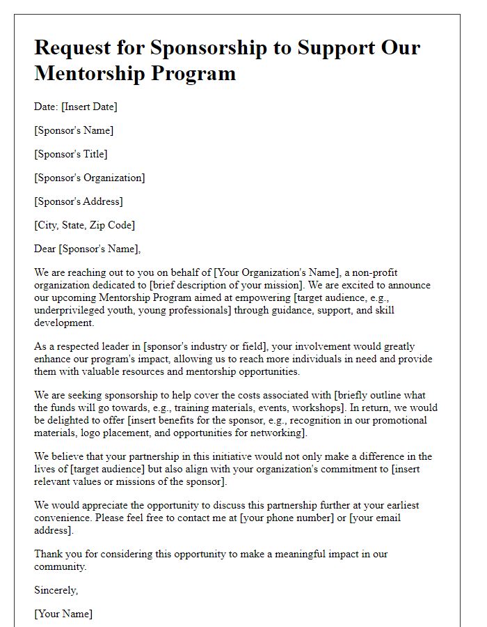 Letter template of mentorship program sponsorship outreach for non-profit organizations.