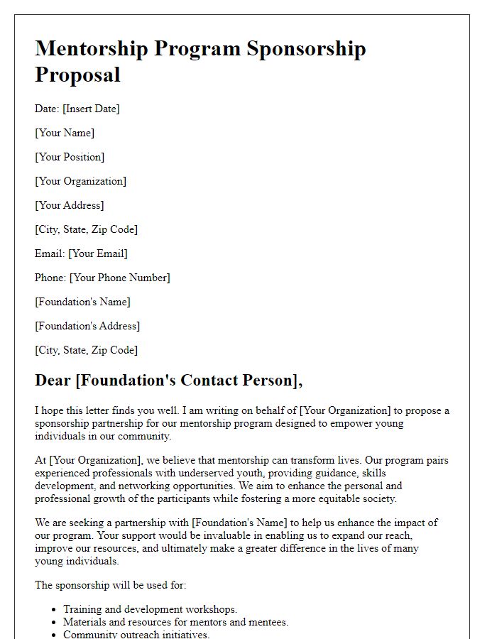 Letter template of mentorship program sponsorship proposal for philanthropic foundations.