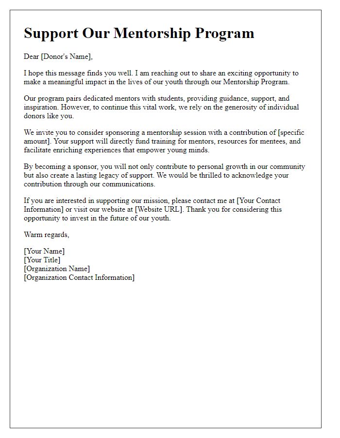 Letter template of mentorship program sponsorship solicitation for individual donors.