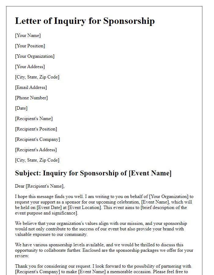 Letter template of inquiry for sponsorship in upcoming celebration