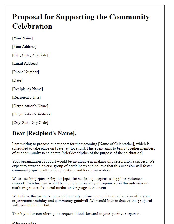 Letter template of proposal for supporting a community celebration