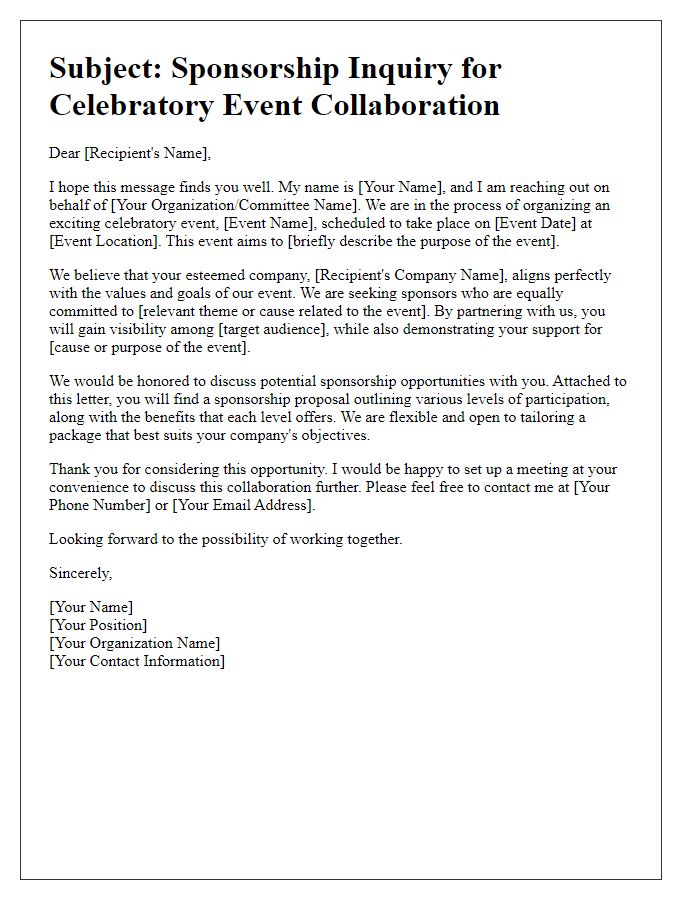 Letter template of sponsorship inquiry for celebratory event collaboration