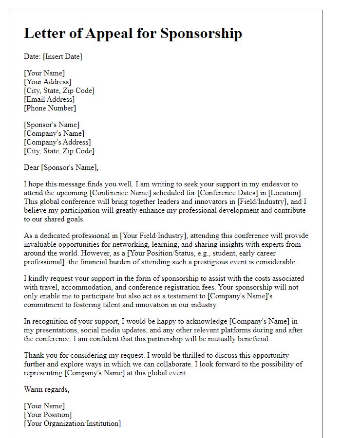 Letter template of appeal for sponsorship for global conference attendance