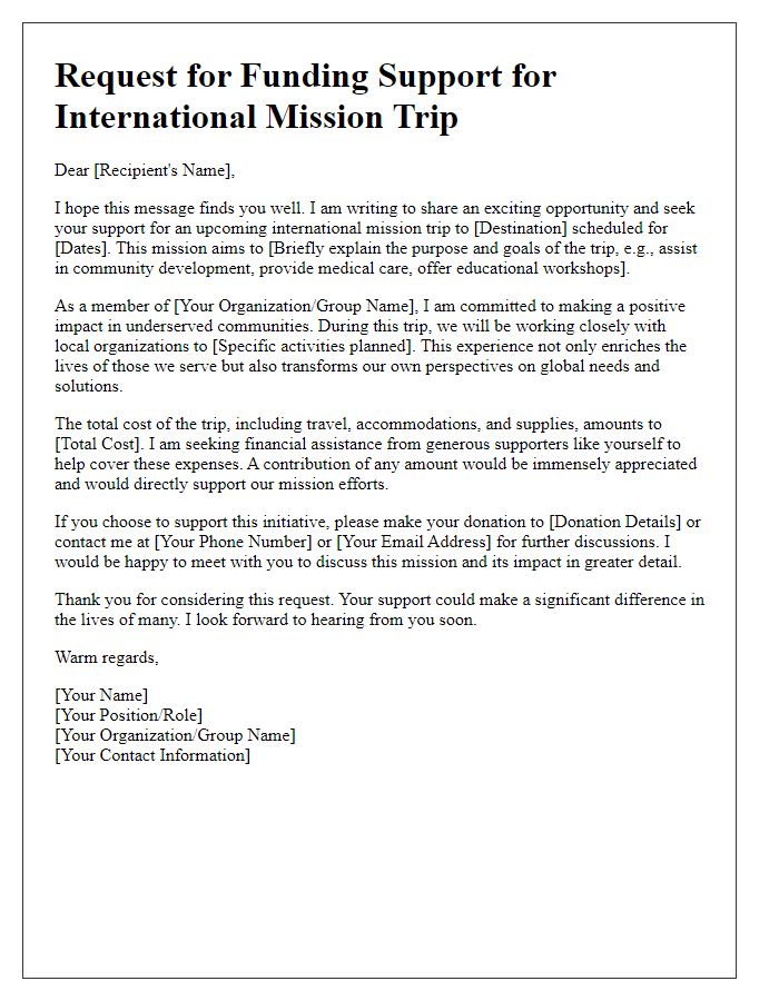 Letter template of correspondence for seeking funding for international mission trip