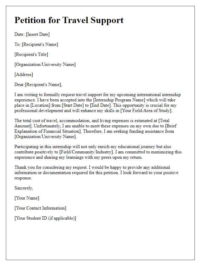 Letter template of petition for travel support for international internship experience