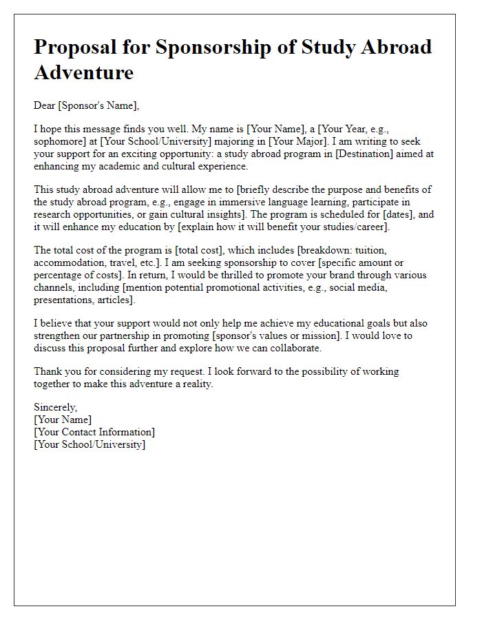 Letter template of proposal for sponsorship of study abroad adventure