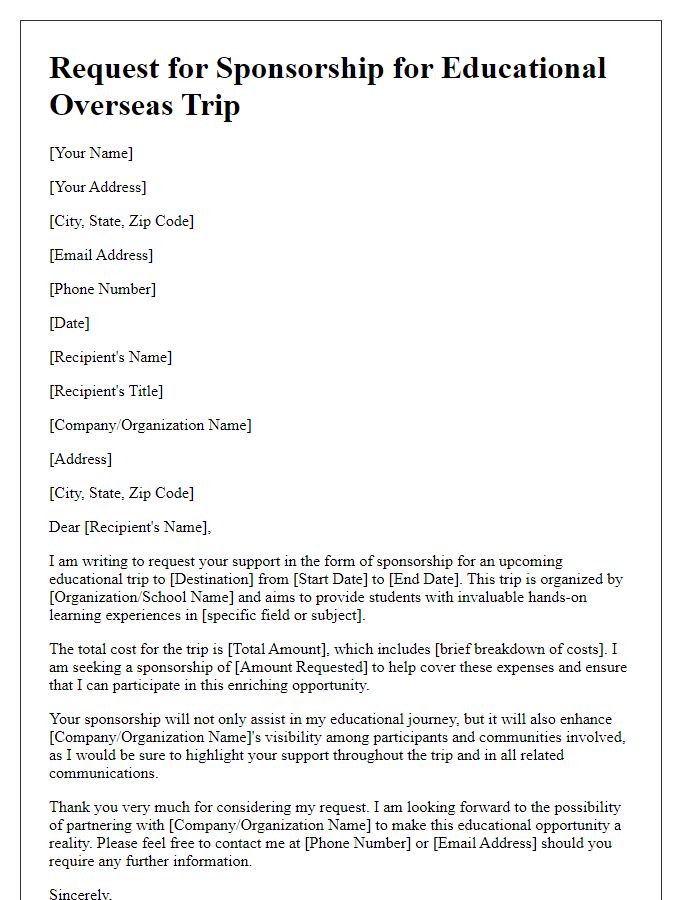 Letter template of request for overseas trip sponsorship for educational purposes