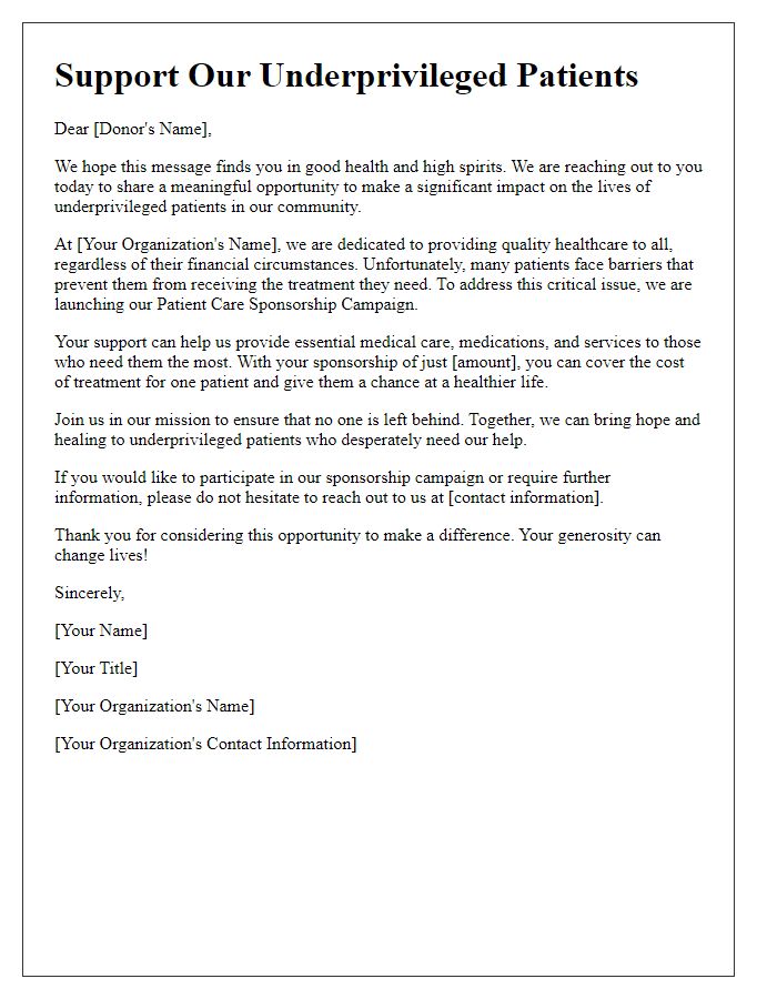 Letter template of patient care sponsorship campaign for underprivileged patients.