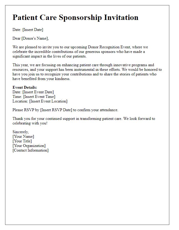 Letter template of patient care sponsorship invitation for donor recognition event.