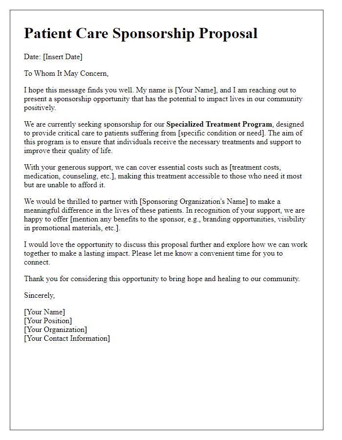 Letter template of patient care sponsorship proposal for specialized treatment program.