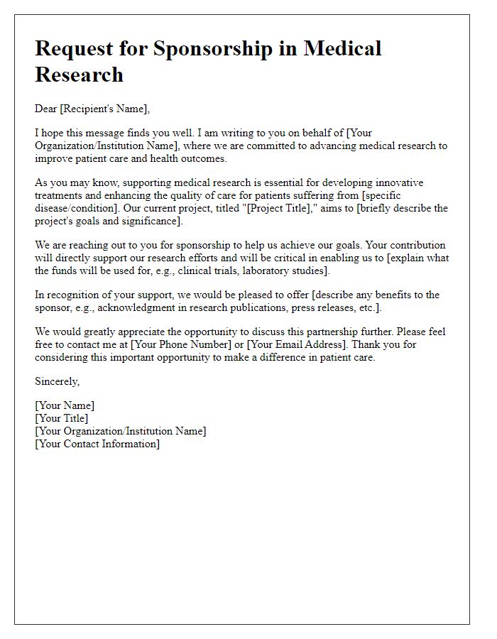 Letter template of patient care sponsorship solicitation for medical research funding.