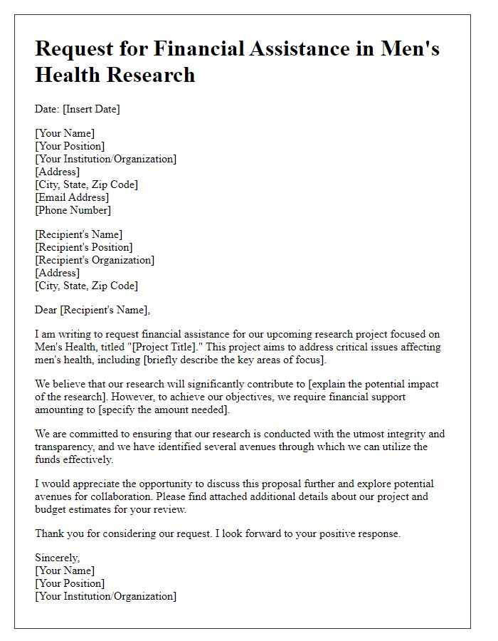 Letter template of Request for Financial Assistance in Men's Health Research