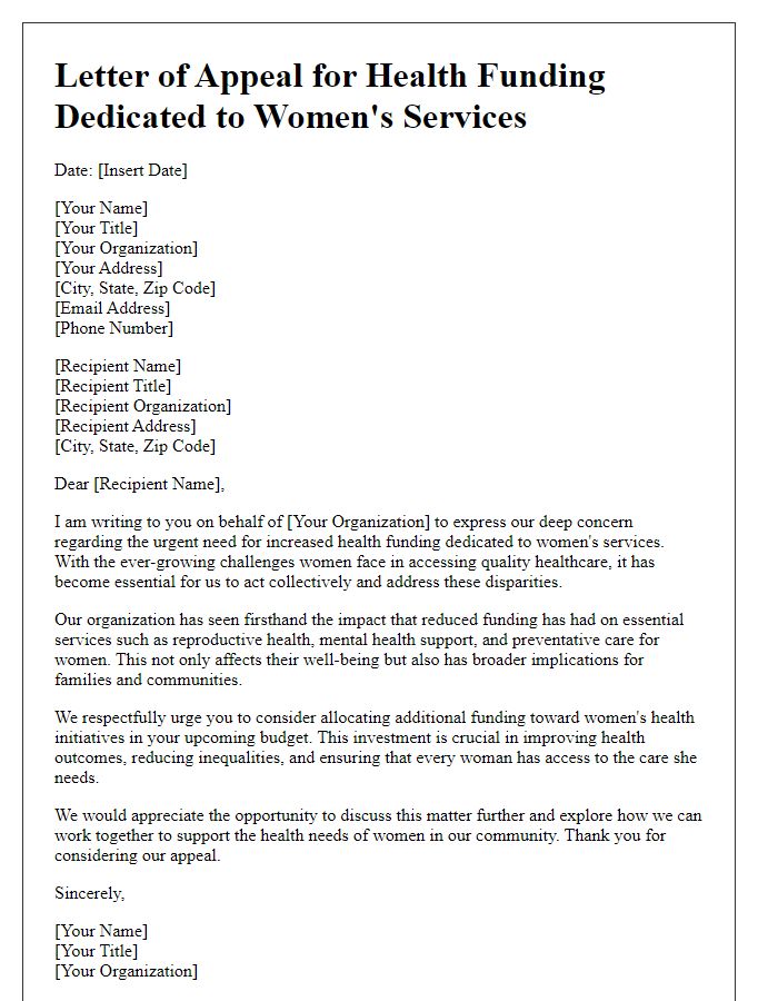 Letter template of appeal for health funding dedicated to womens services