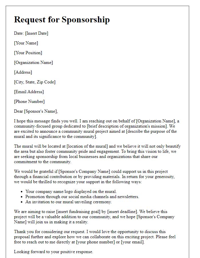 Letter template of sponsorship request for a community mural project.