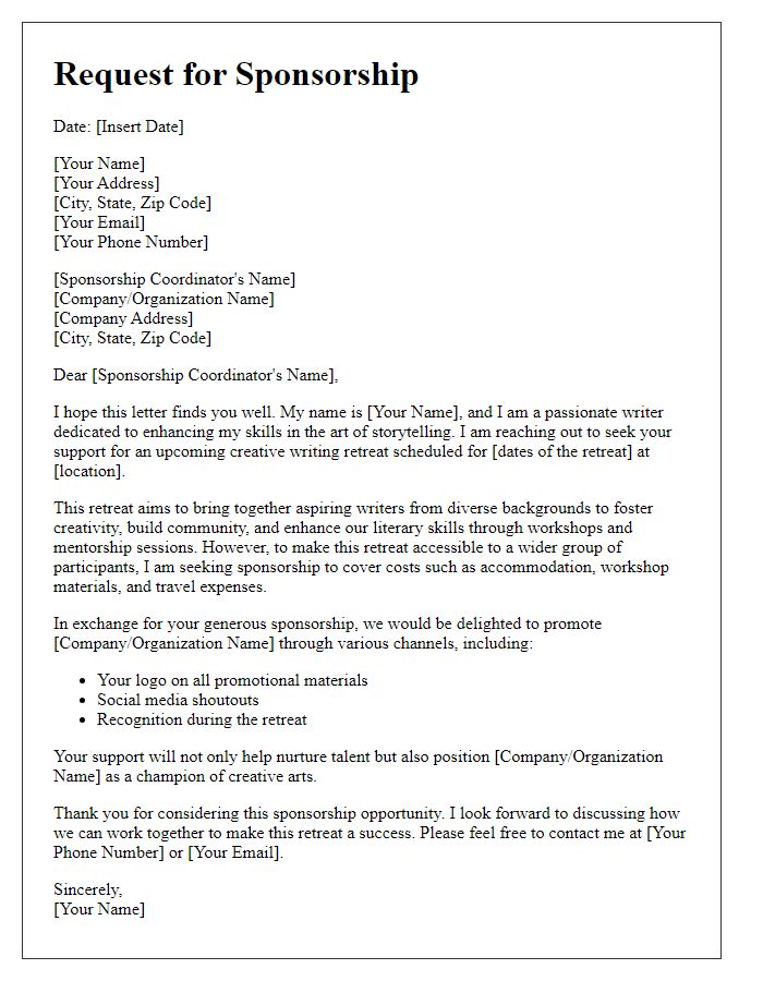 Letter template of sponsorship request for a creative writing retreat.