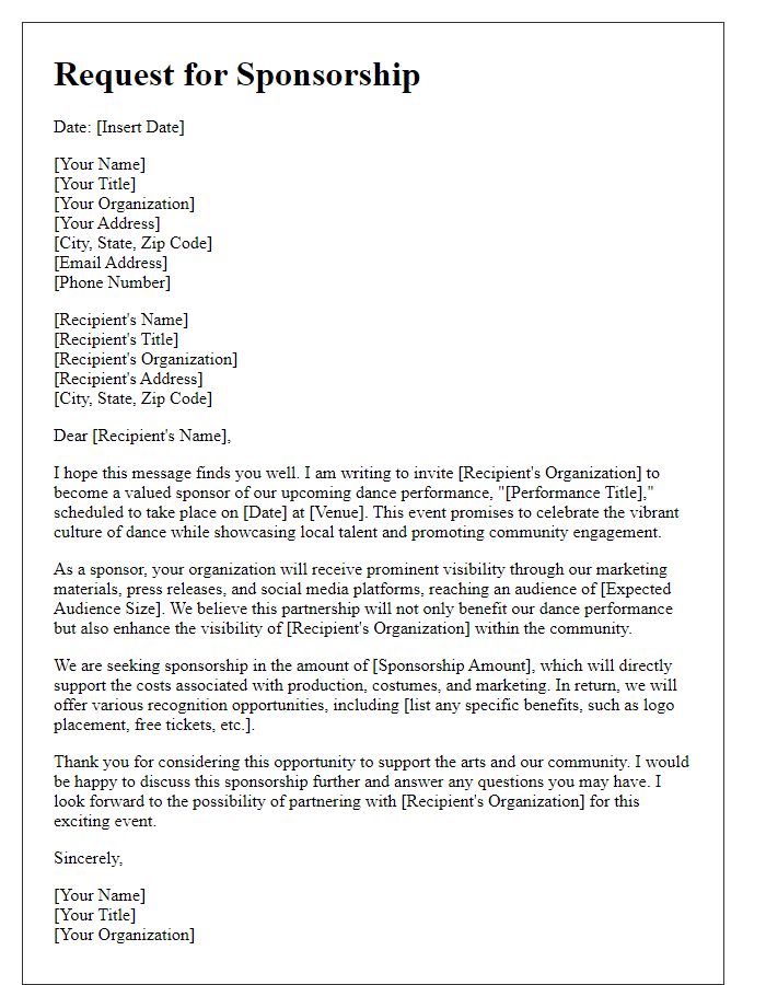 Letter template of sponsorship request for a dance performance.